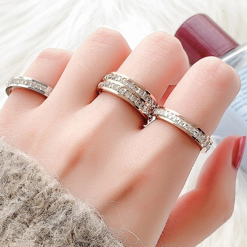 INS Rings Titanium Steel Couple Single And Double Row Diamond Ring - Image 5
