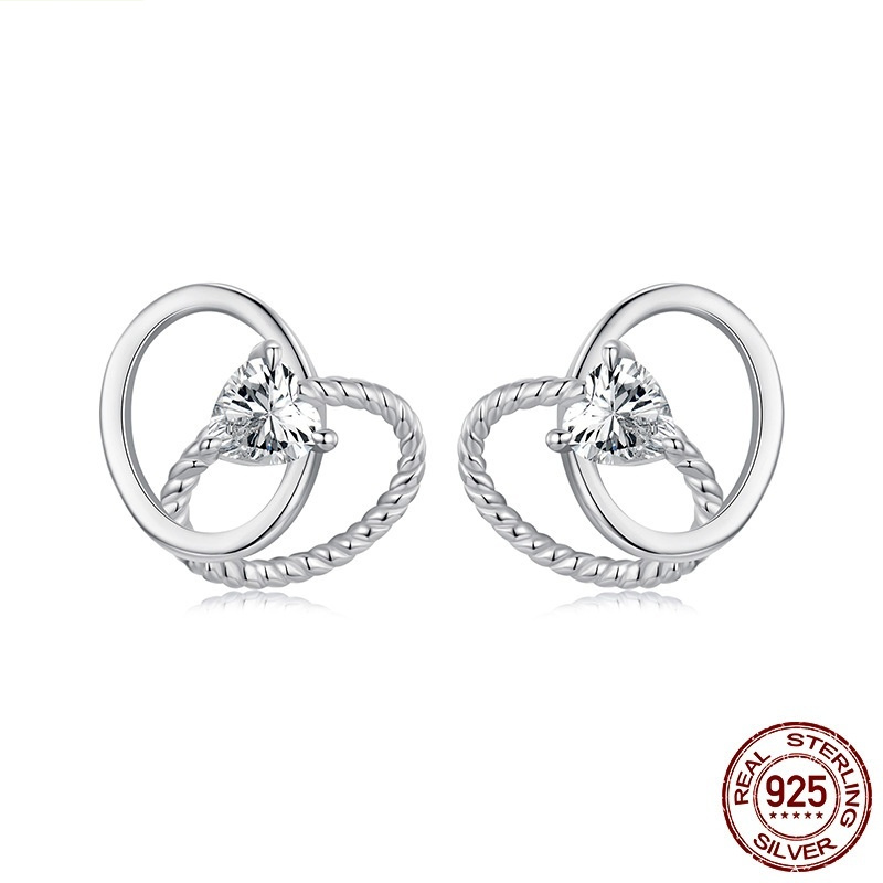 S925 Sterling Silver Mother's Day Double Ring Love Heart Stud Earrings - Image 2