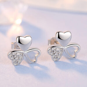 925 Silver Lucky Clover Zircon Stud Earrings Flower Cute