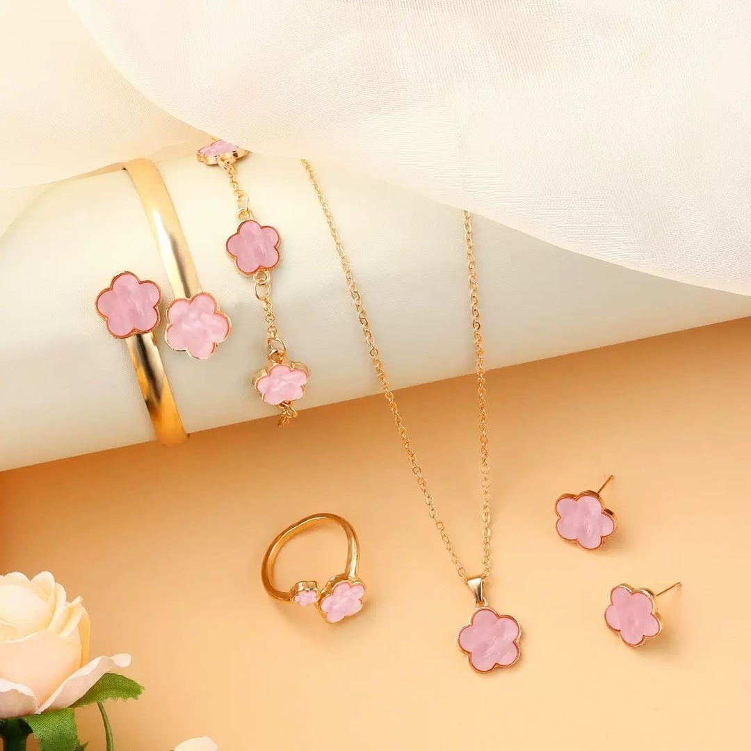 Five Petal Flower 5-piece Necklace Brace Lace Bracelet Stud Earrings Ring - Image 2