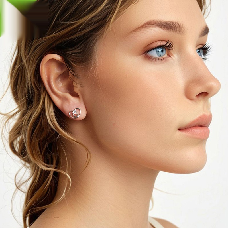 S925 Sterling Silver Mother's Day Double Ring Love Heart Stud Earrings - Image 4