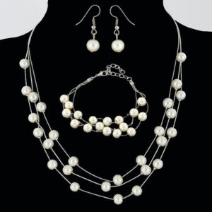 All-match Sweet And Elegant Bride Bridesmaid Mesh  Pearl Necklace Bracelet Earring Set 3 Piece Jewelry Wholesale