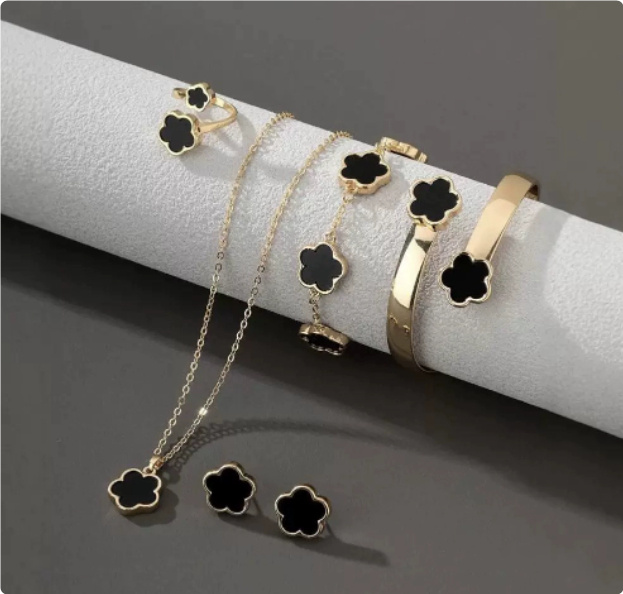 Five Petal Flower 5-piece Necklace Brace Lace Bracelet Stud Earrings Ring - Image 8