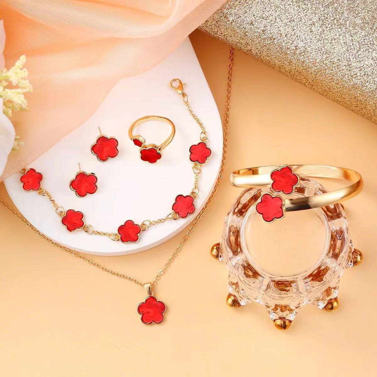 Five Petal Flower 5-piece Necklace Brace Lace Bracelet Stud Earrings Ring - Image 6