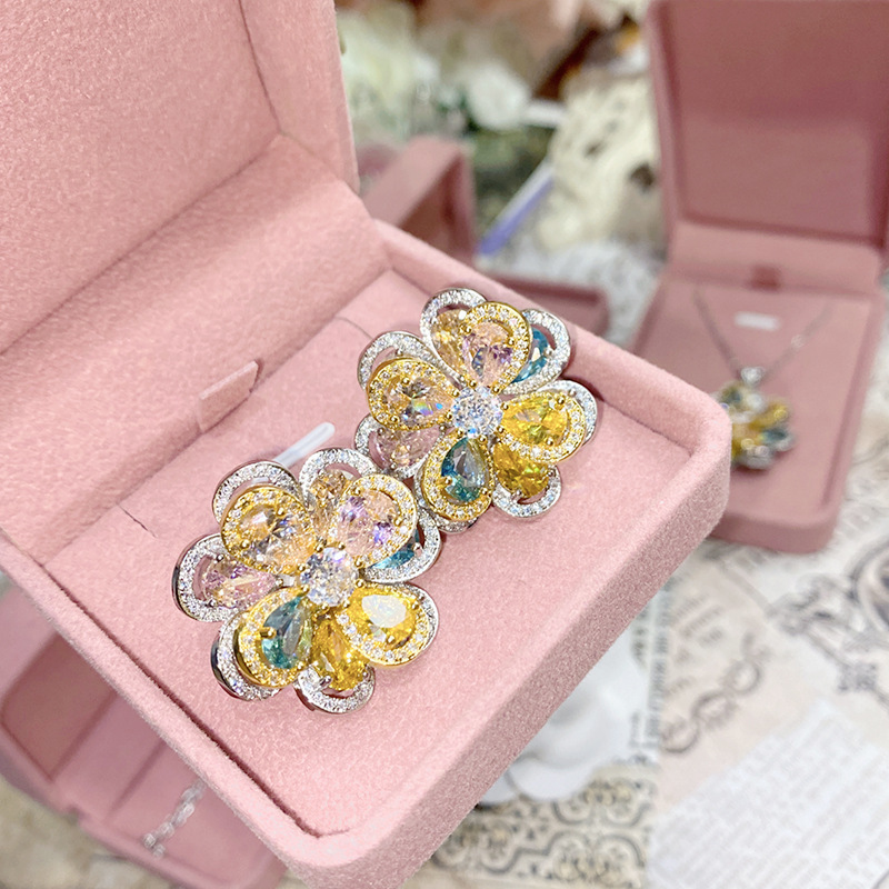 18K Plated Multi Faceted Translucent Colored Treasure Zircon Flower Earrings - Image 10