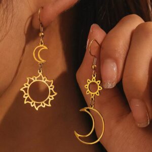Retro Asymmetric Sun Moon Hollow Stud Earrings