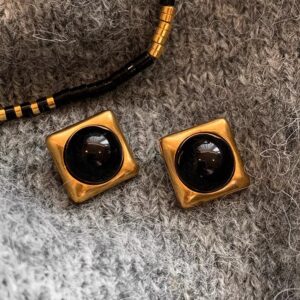 Square Black Agate Middle Ancient Gold Earrings For Women