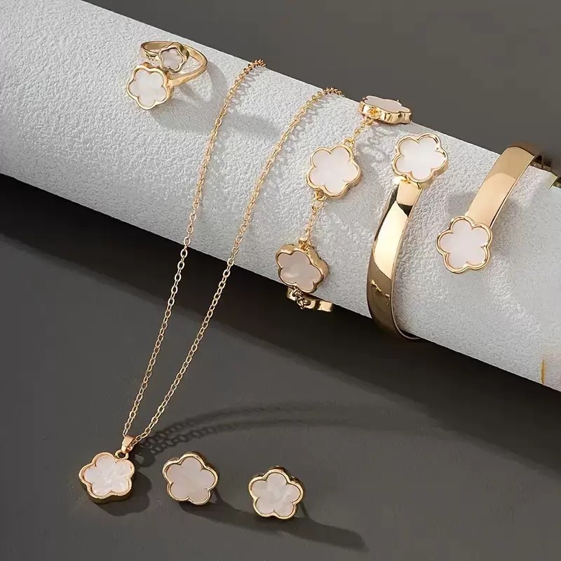 Five Petal Flower 5-piece Necklace Brace Lace Bracelet Stud Earrings Ring - Image 7