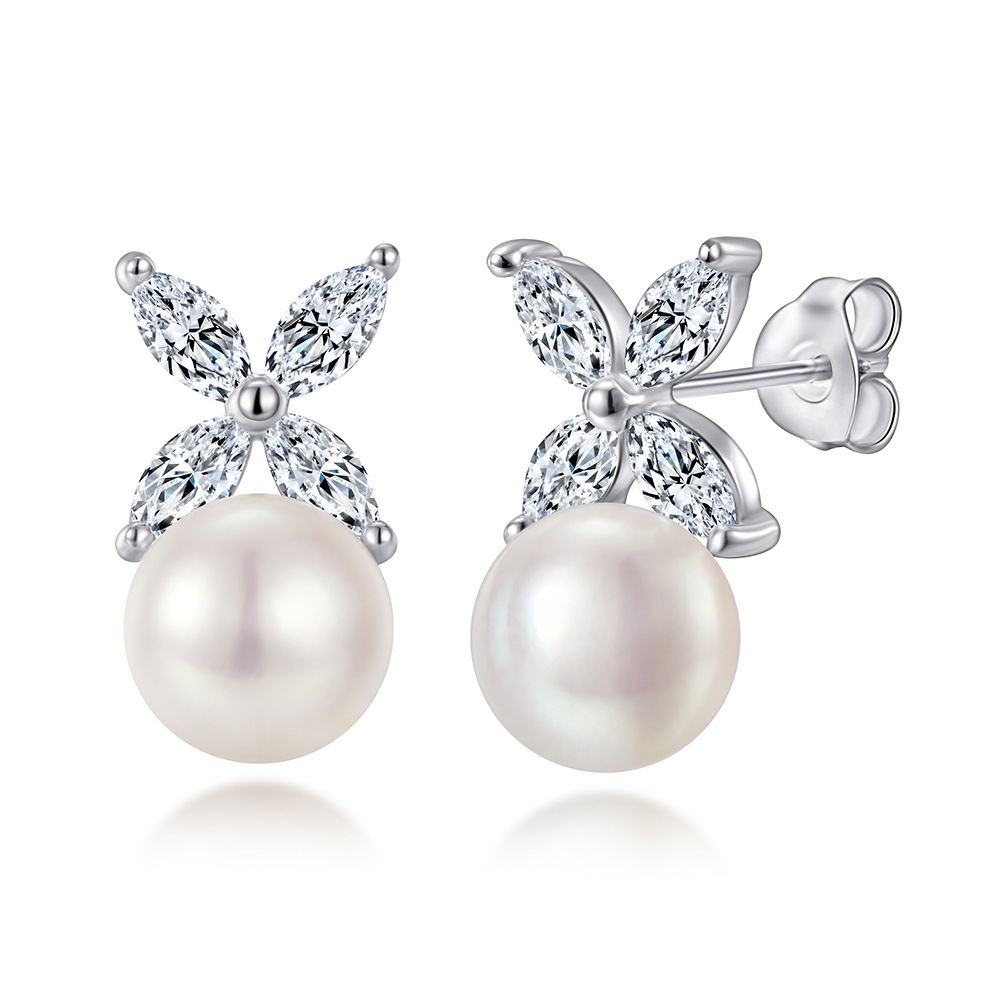 S925 Sterling Silver Stud Earrings Inlaid Natural Pearl Simplicity European And American Earrings - Image 2