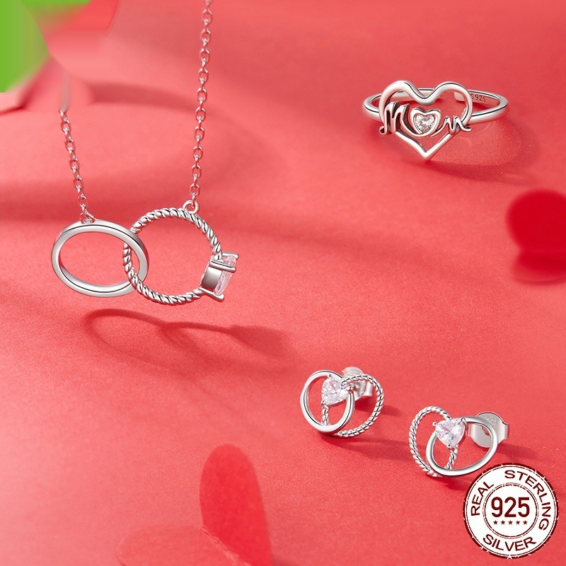 S925 Sterling Silver Mother's Day Double Ring Love Heart Stud Earrings - Image 3
