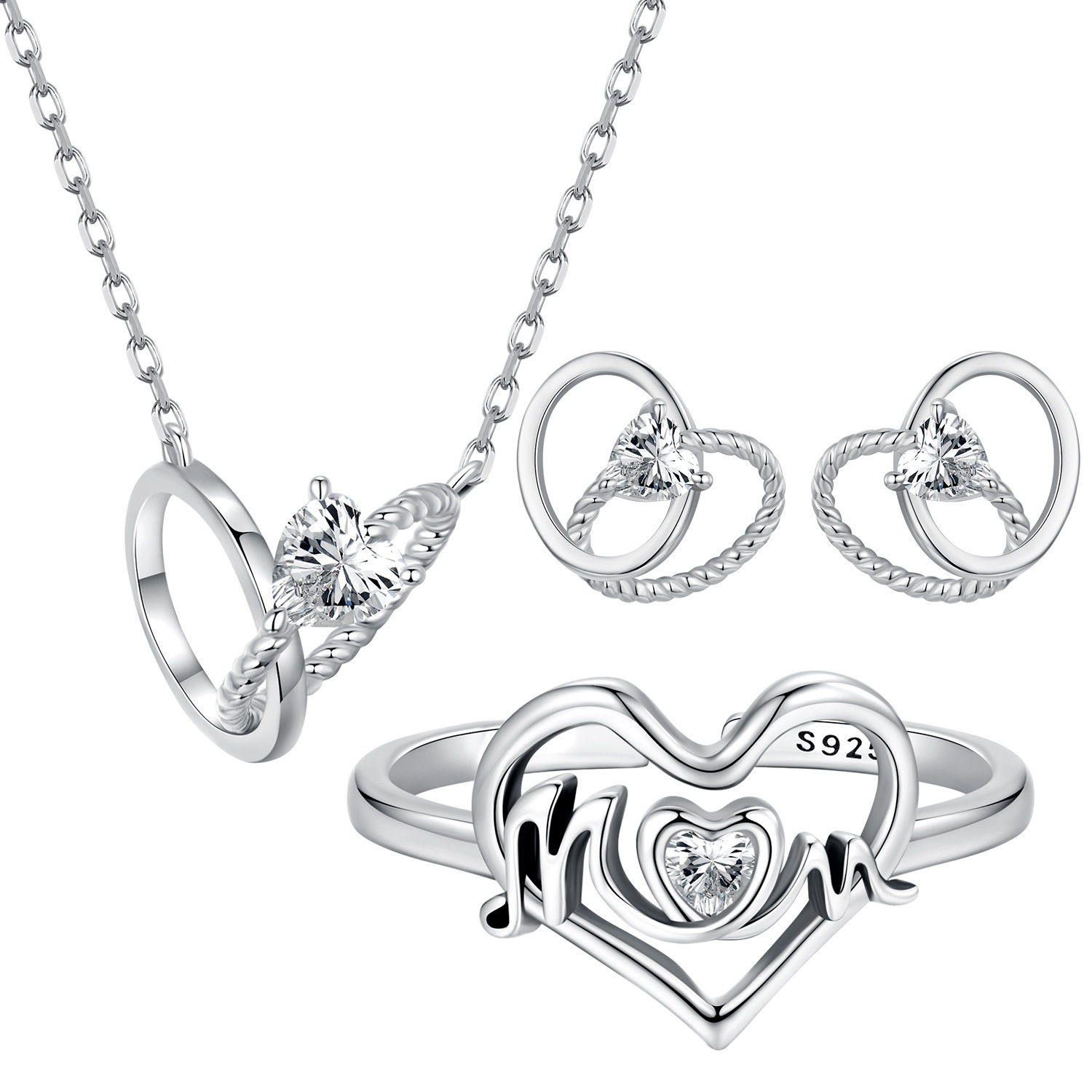 S925 Sterling Silver Mother's Day Double Ring Love Heart Stud Earrings - Image 5