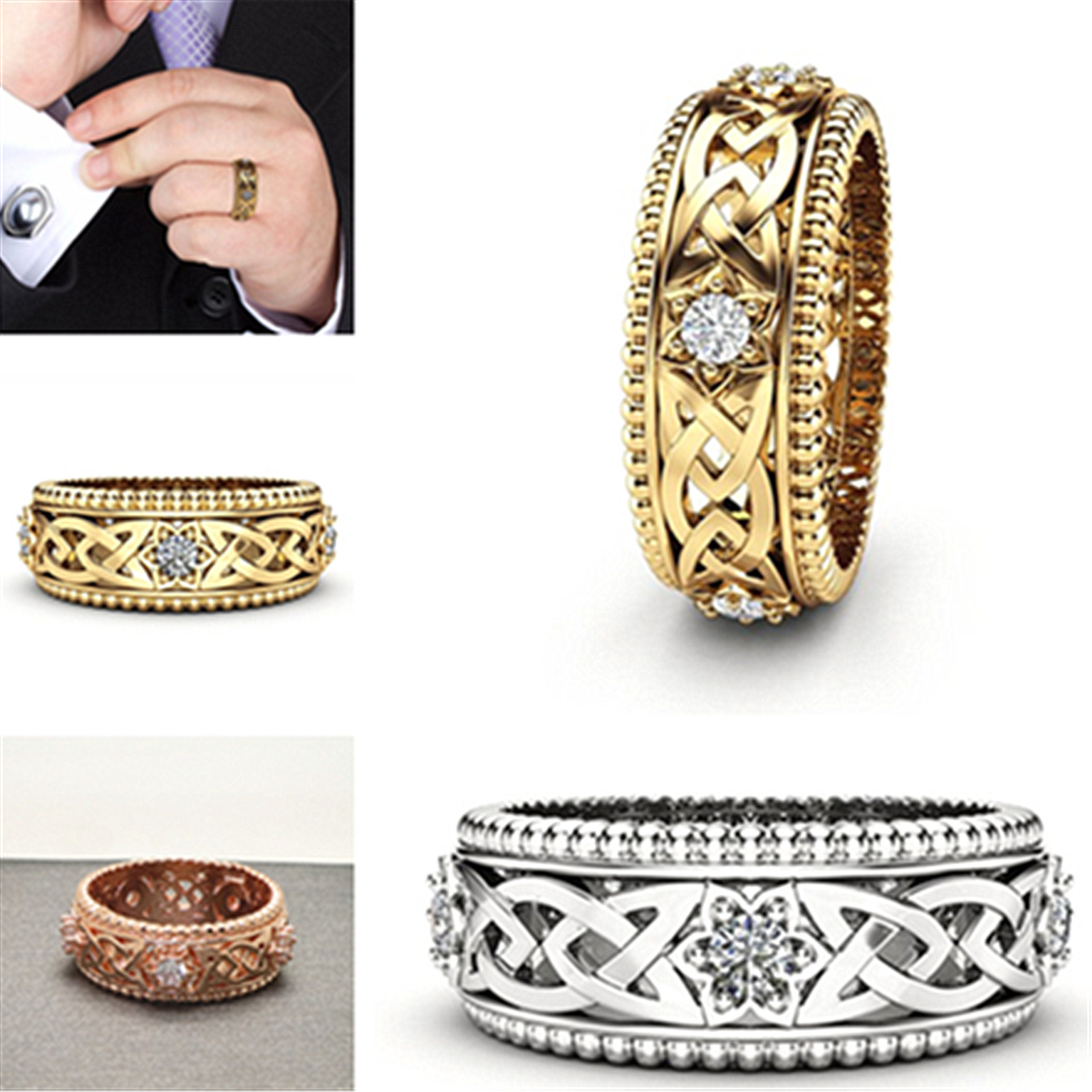 14k Plated White Diamond Ring Hollow Pattern Wedding Ring - Image 3